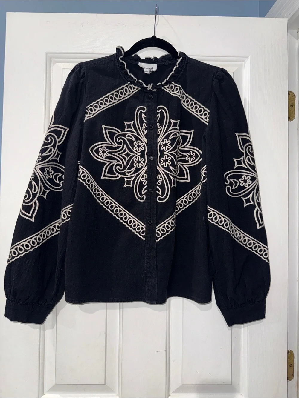 Women's Black Button-Down Top with Cream Embroidered Motif - Picture 2 of 4